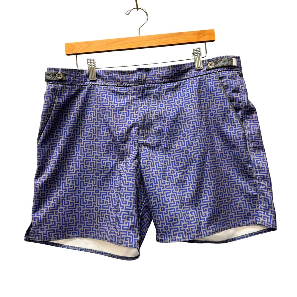 Parke & Ronen Swim Trunks Mens 34 Geometric Blue Beachwear Mesh Lined
